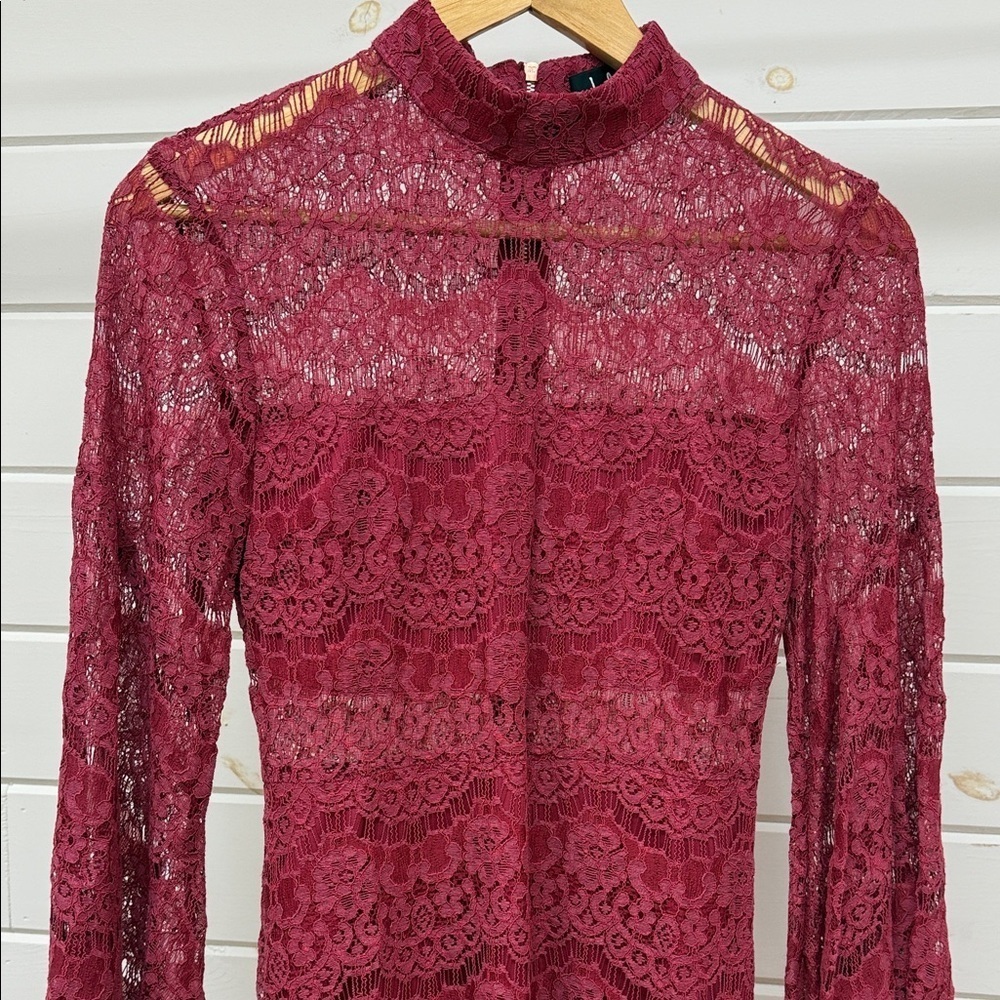 Lulus Bewitching Babe Wine Lace Bell Sleeve Dress Small - Picture 4 of 11
